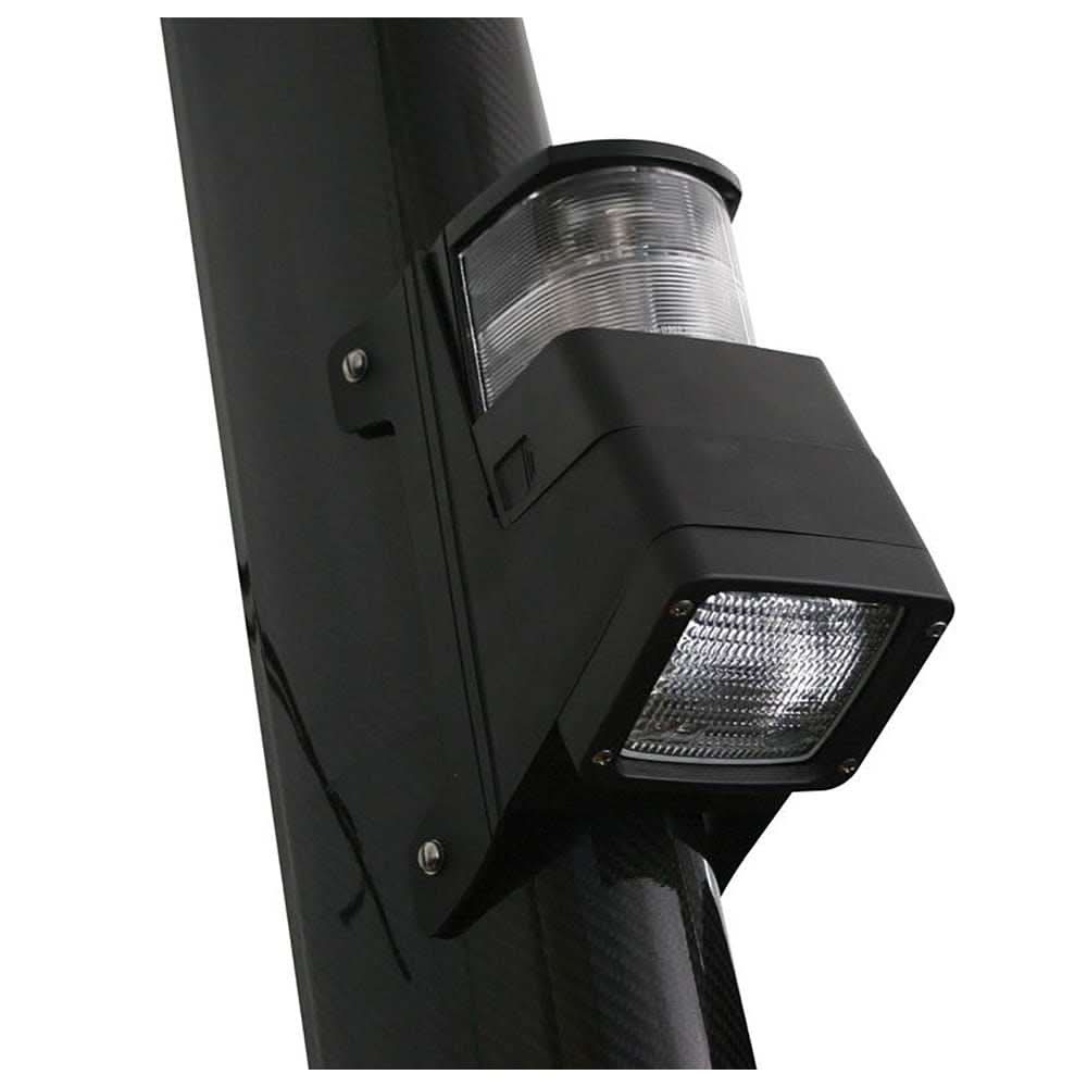 Hella Marine Halogen 8504 Series black masthead and floodlight lamp mounted on vessel mast