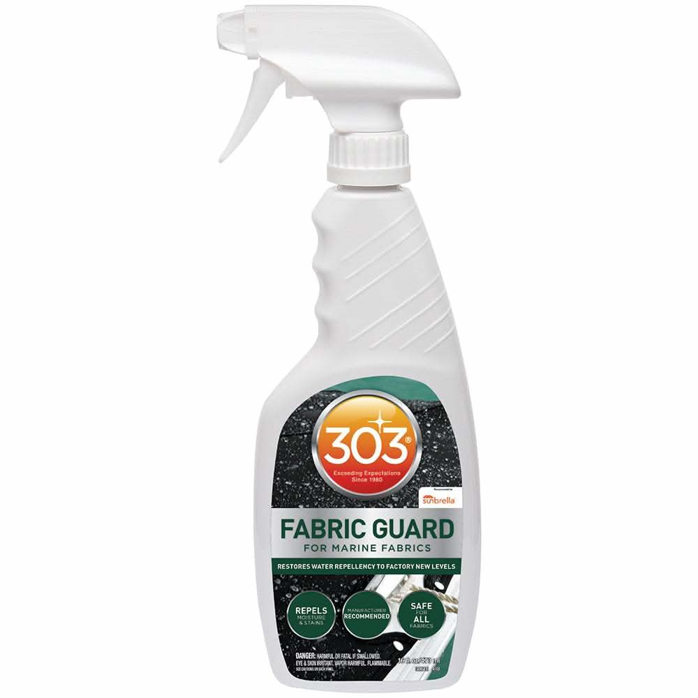 303 Marine Fabric Guard trigger sprayer restores water repellency and protects marine fabrics from stains and moisture
