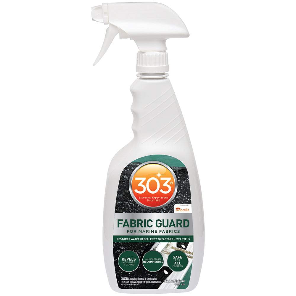 303 Marine Fabric Guard 32oz trigger sprayer restores water repellency and protects marine fabrics from stains and water damage