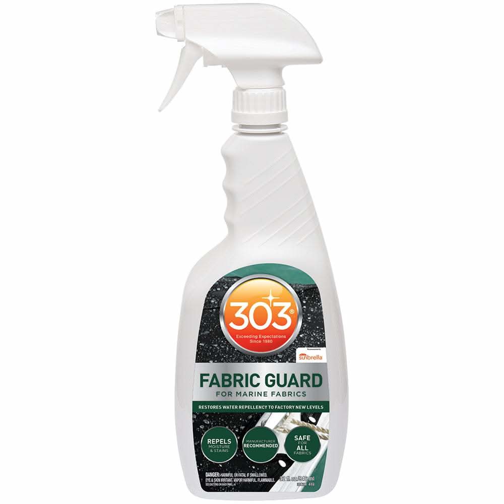 303 Marine Fabric Guard 32oz spray restores water repellency on outdoor marine fabrics