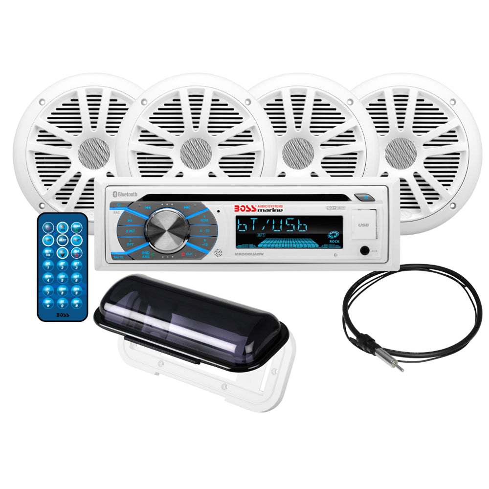 Boss Audio MCK508WB.64S marine stereo package with MR508UABW receiver, four MR6W speakers, remote control, enclosure, antenna, and audio cable