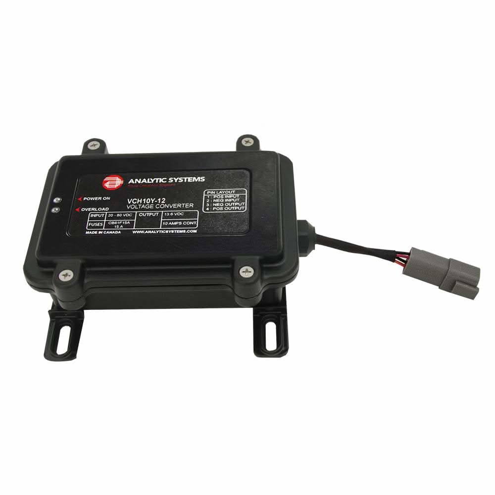 Analytic Systems Waterproof IP66 DC Converter 10A 12V output rugged voltage converter with Deutsch connector and compact design