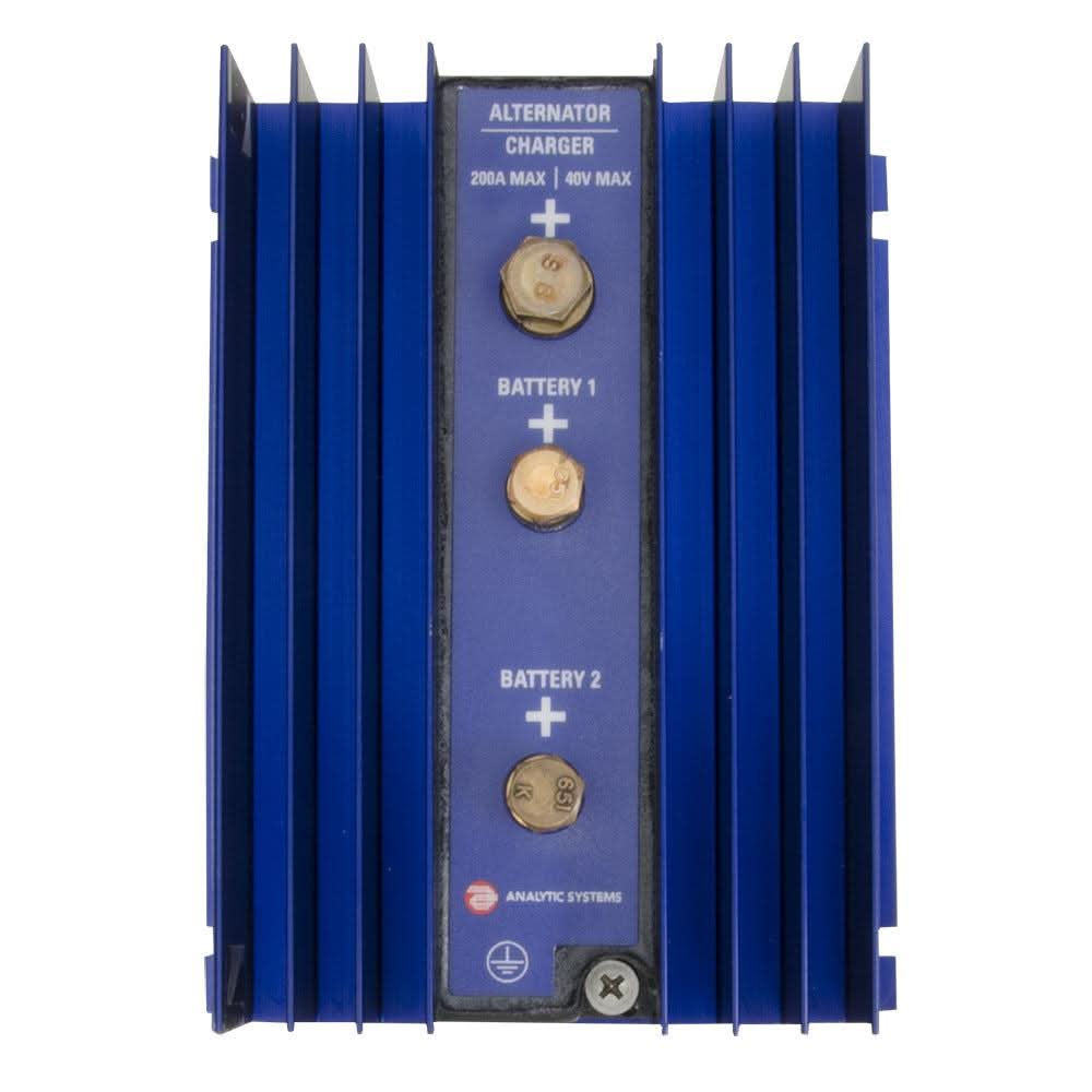 Analytic Systems 2-Bank Battery Isolator 200A 40V with blue heat sink and connection terminals