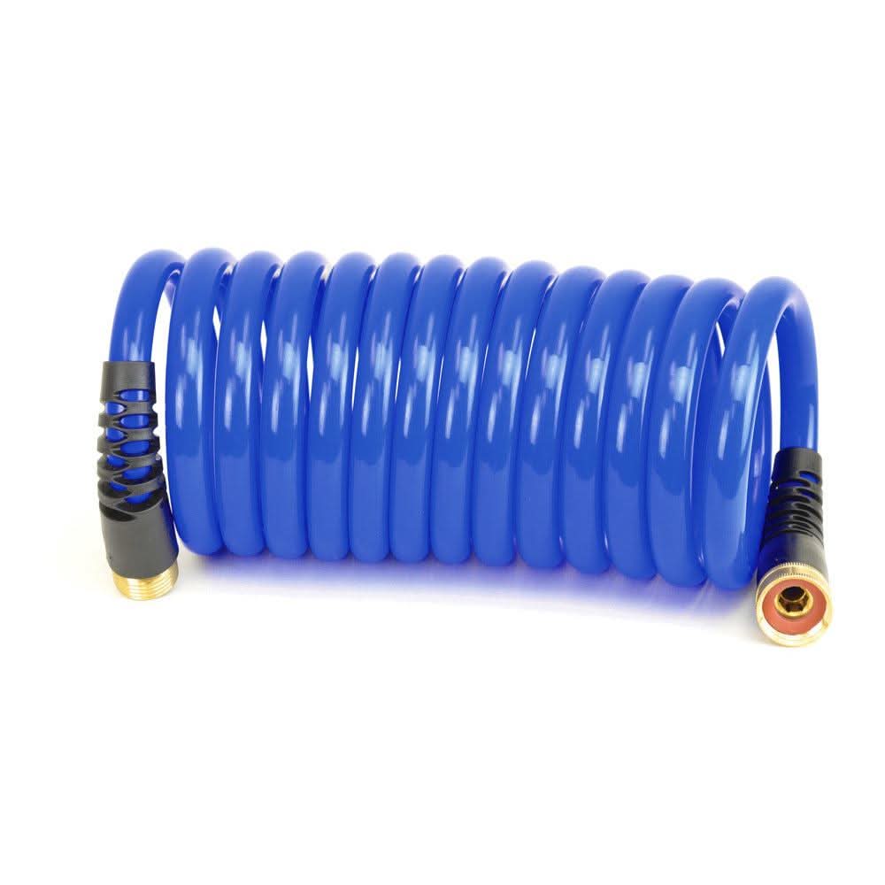 HoseCoil PRO 15-foot blue coiled hose with dual flex relief and 1/2 inch inner diameter connectors