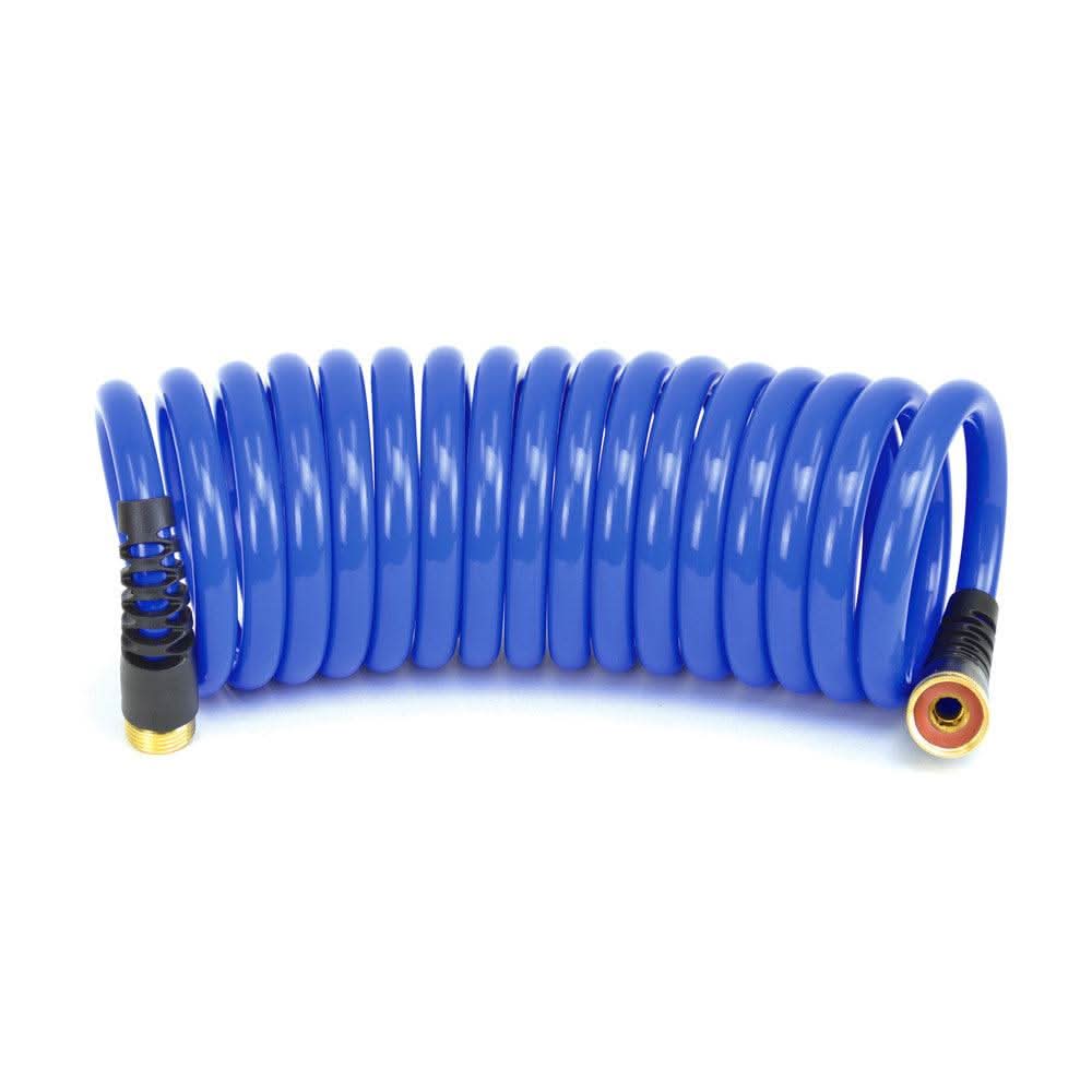 HoseCoil PRO 20' blue coiled high-pressure hose with dual flex relief and 1/2 inch ID