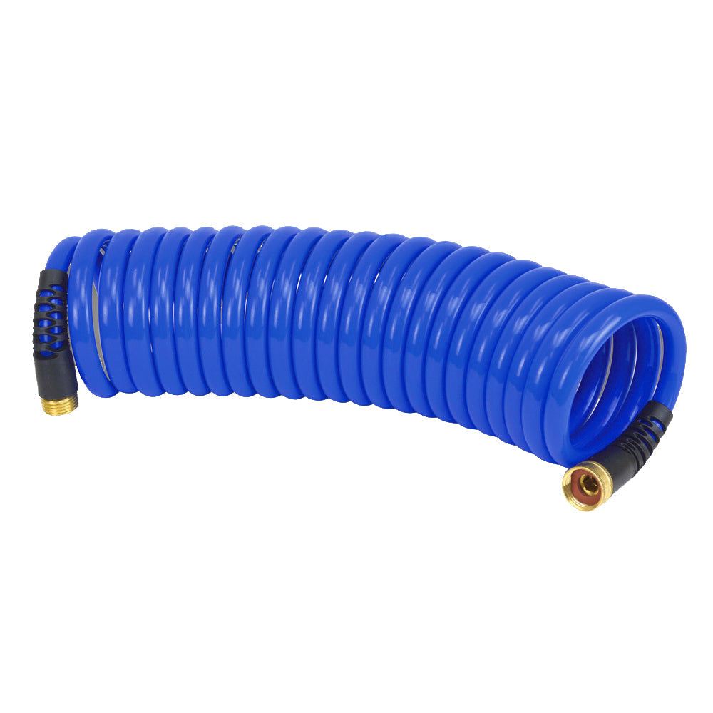 HoseCoil PRO 25-foot blue coiled air hose with 1/2 inch ID and dual flex relief fittings