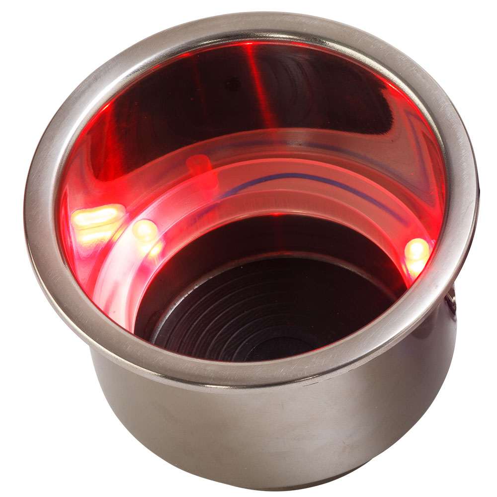 Sea-Dog LED Flush Mount stainless steel drink holder with red LED and drain fitting