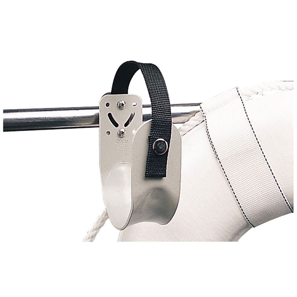 Sea-Dog Rail Mount aluminum ring buoy bracket on boat railing with strap and life ring.