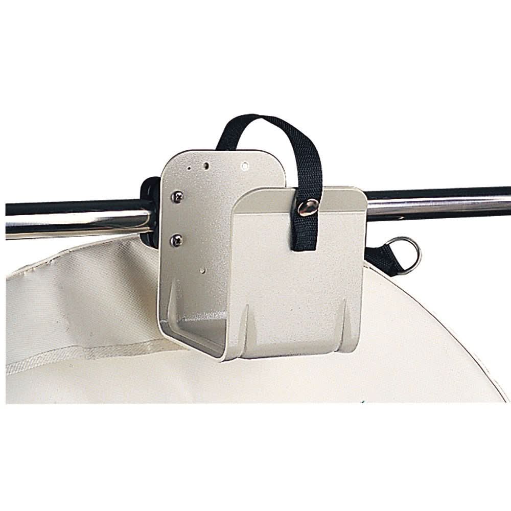 Sea-Dog Rail Mount Horseshoe Buoy Bracket made of marine grade aluminum mounted on boat rail