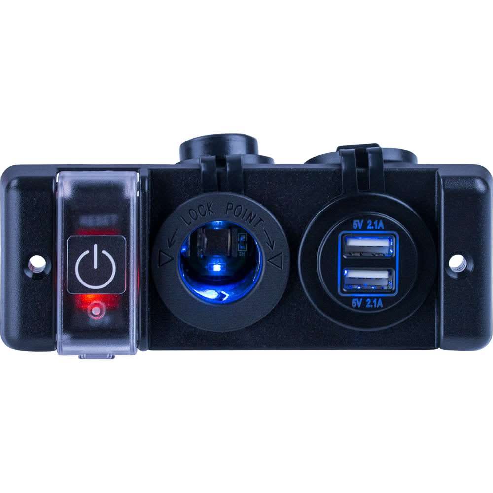 Sea-Dog double USB and power socket panel with breaker switch and protective caps
