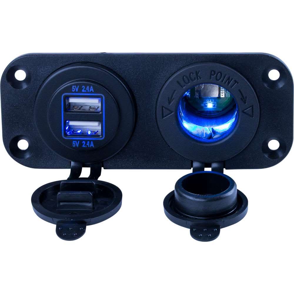 Sea-Dog Double USB and power socket panel with dual USB ports and 12V power socket, black nylon housing