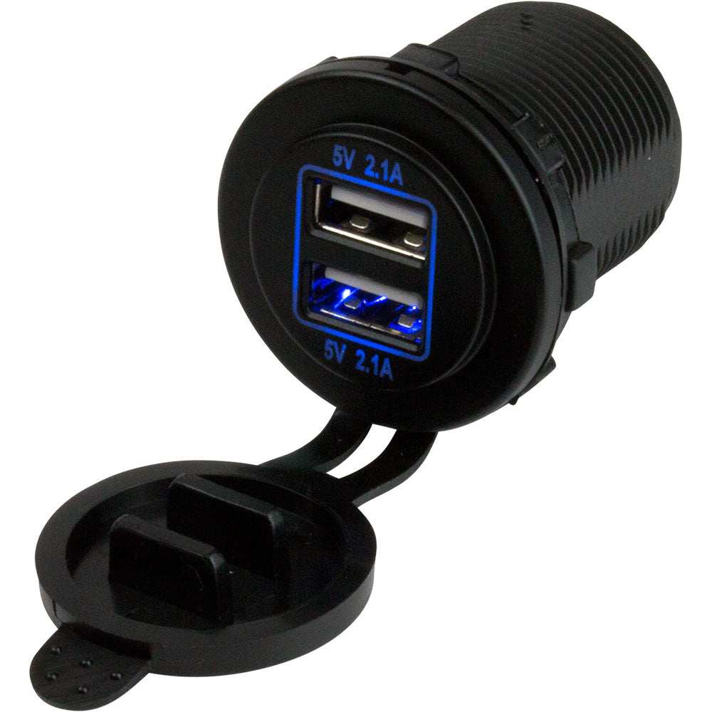 Sea-Dog Dual USB power socket with blue LED, dual ports, dust cap, 12-24V input, 5V/4.8A output, IP65 rated