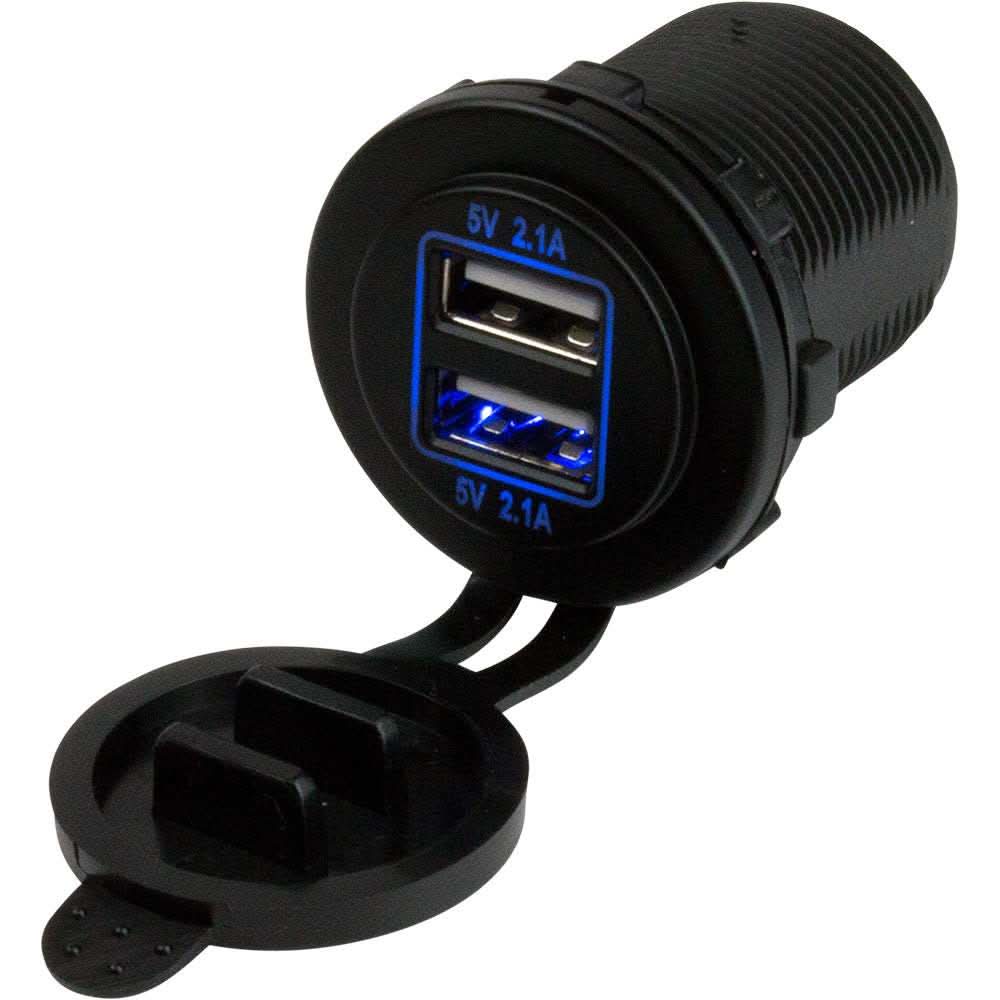 Sea-Dog Dual USB power socket with blue LED, dual ports, dust cap, 12-24V input, 5V/4.8A output, IP65 rated
