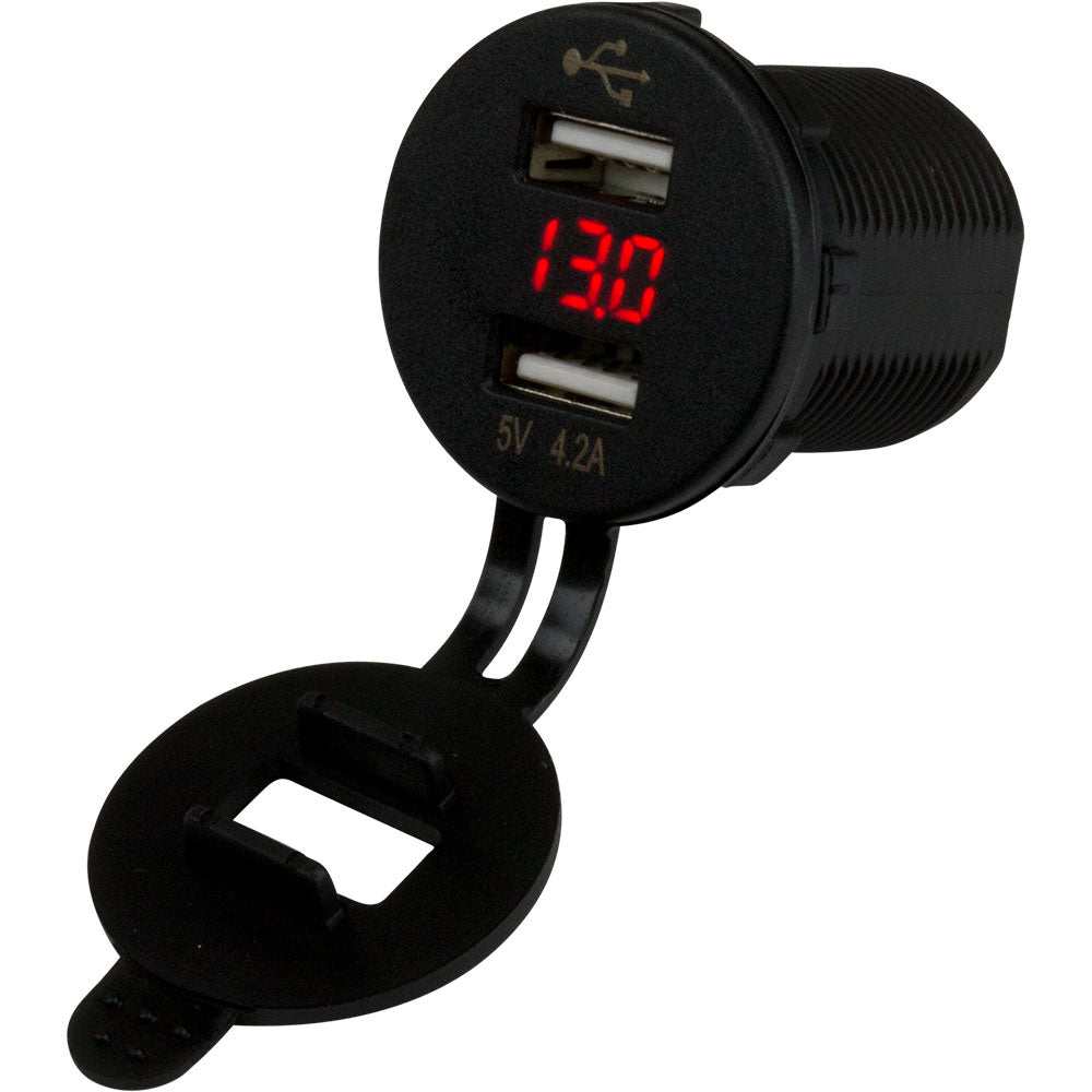 Sea-Dog dual USB socket with hidden voltmeter display and protective cover, black, 5V 4.8A output.