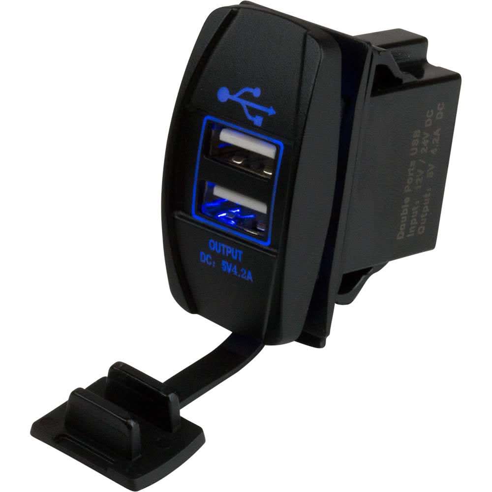 Sea-Dog Dual USB rocker switch style power socket with blue LED and protective dust cap