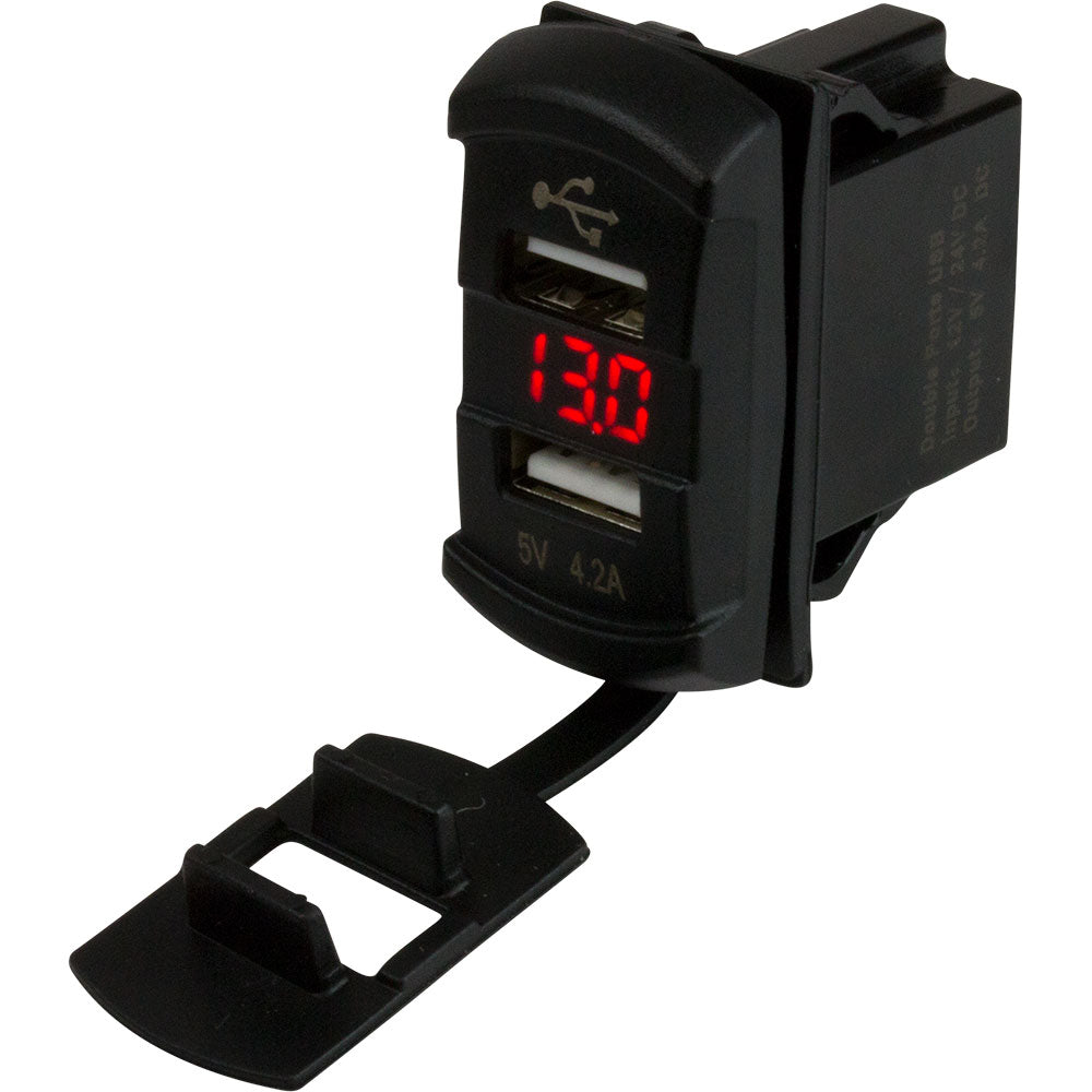 Sea-Dog dual USB rocker switch with hidden voltmeter and red LED display for charging devices