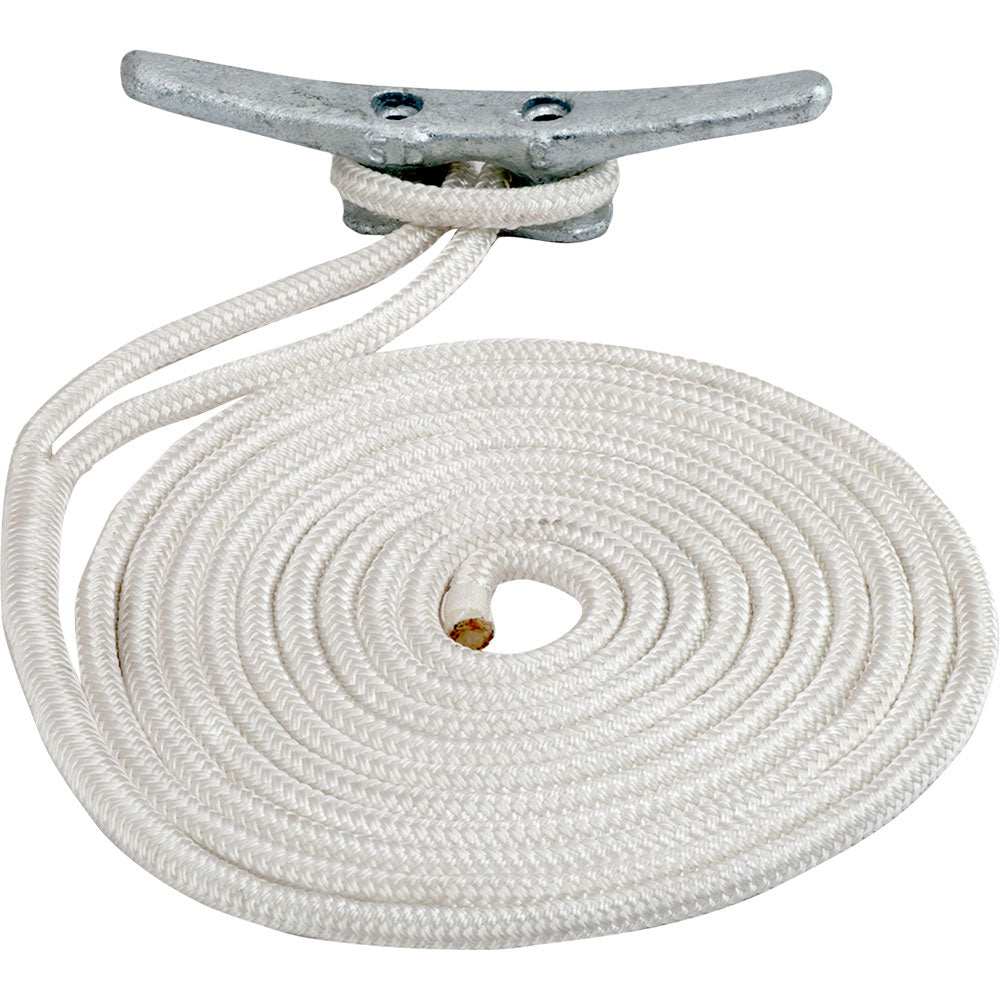 Sea-Dog Double Braided Nylon Dock Line 3/8 inch x 20 feet white coiled rope with metal cleat