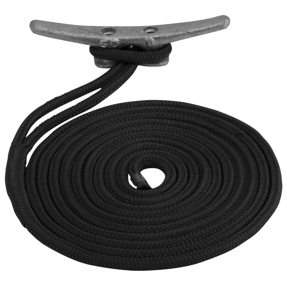 Black double braided nylon dock line 1/2 inch x 15 feet coiled on metal cleat