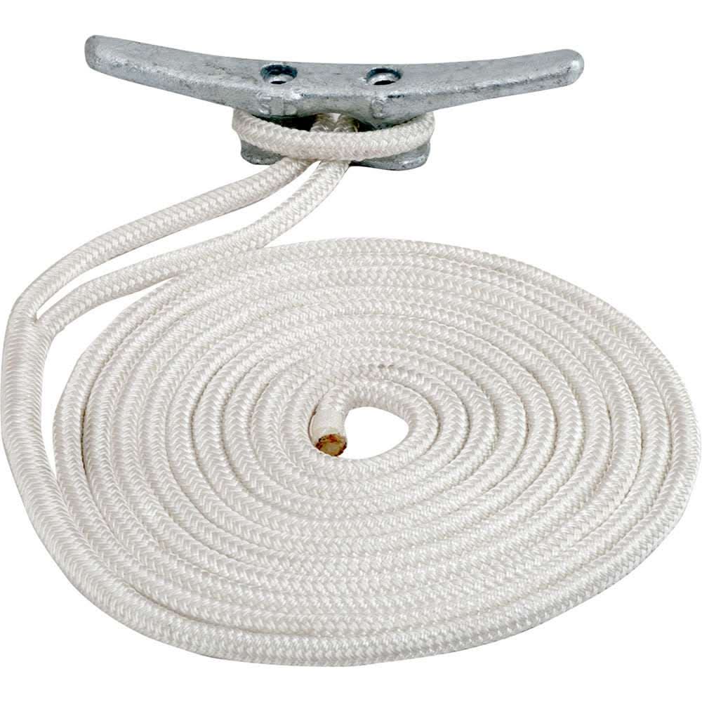 White double braided nylon dock line 1/2 inch x 20 feet coiled on metal cleat