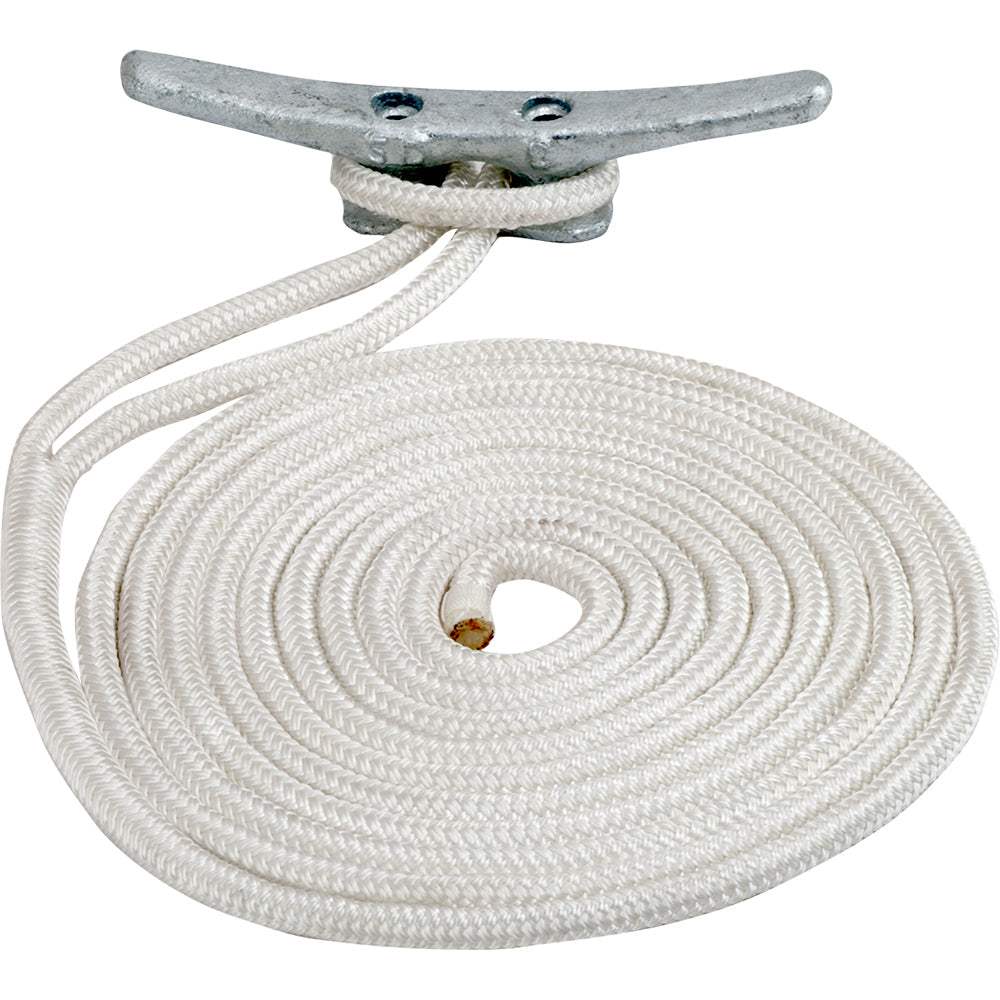 Sea-Dog double braided nylon dock line 5/8 inch by 25 feet white coiled on metal cleat