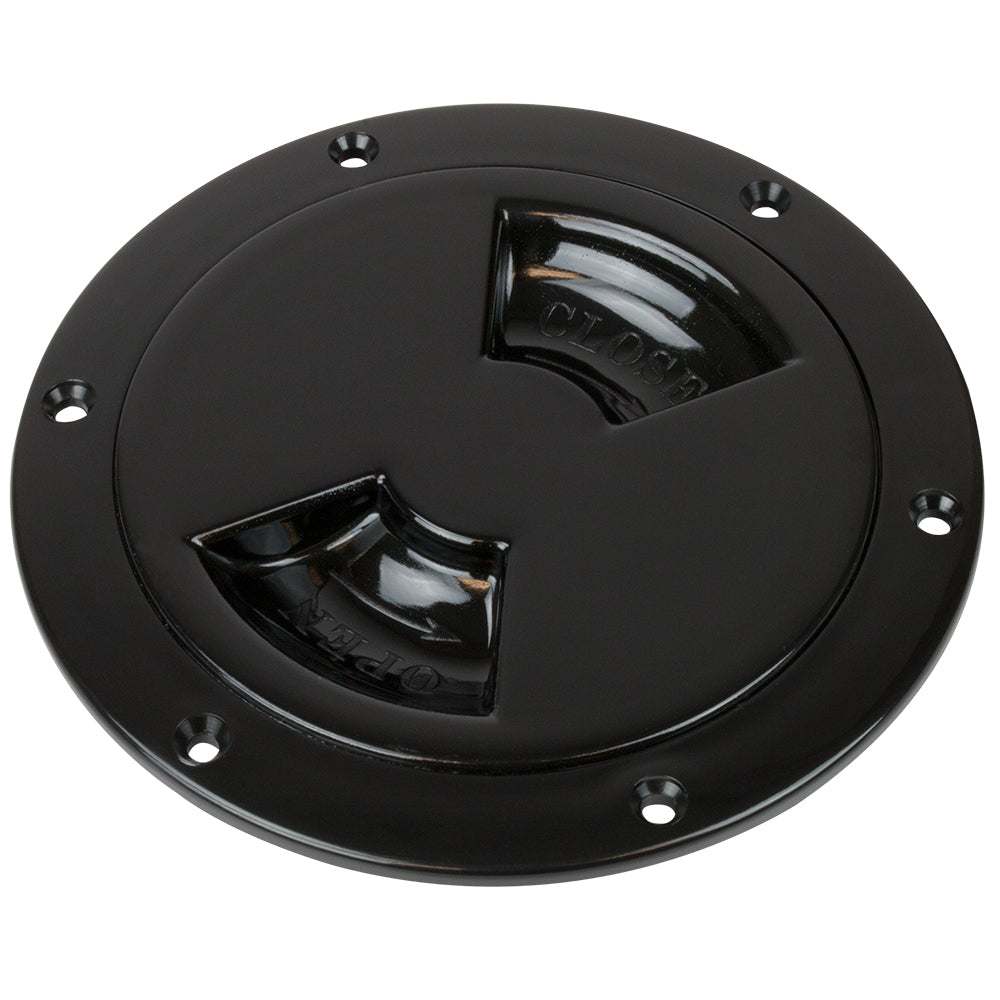 Sea-Dog black 8-inch smooth quarter turn deck plate made of UV stabilized ABS with locking system and leak tested seal