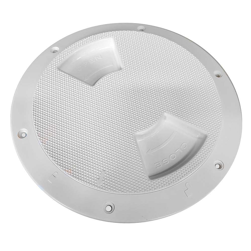 White 6-inch Sea-Dog Quarter-Turn Textured Deck Plate with Internal Collar made of UV stabilized ABS