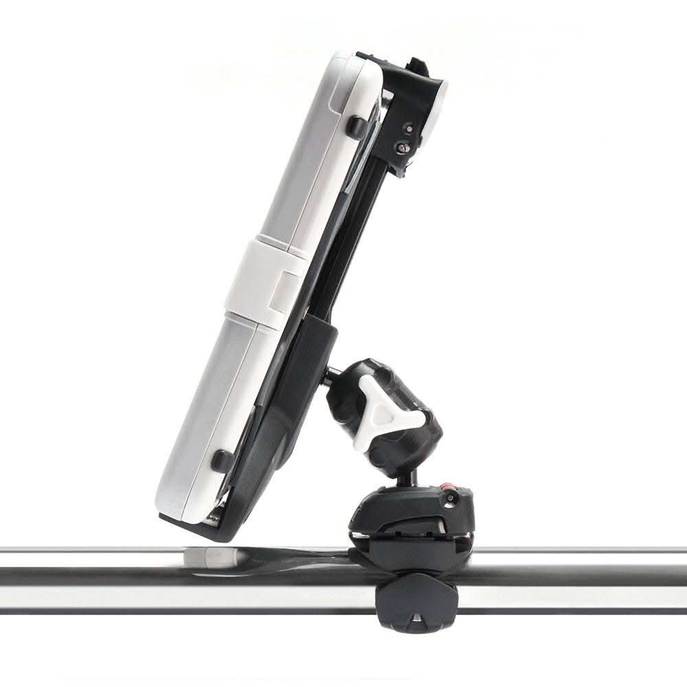 Scanstrut ROKK Mini Mount kit securely holding a tablet on a rail mount system