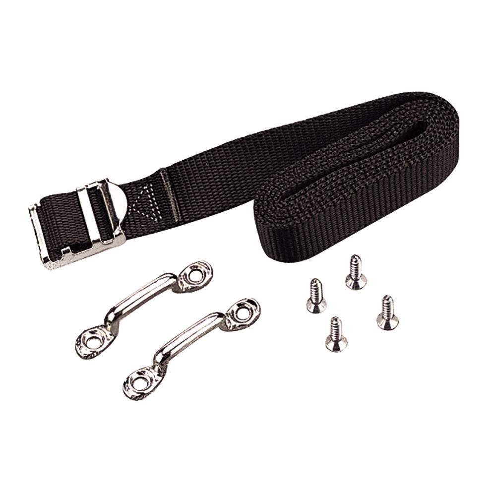 Sea-Dog heavy duty 48-inch battery box strap with stainless steel buckle, brass brackets, and fasteners