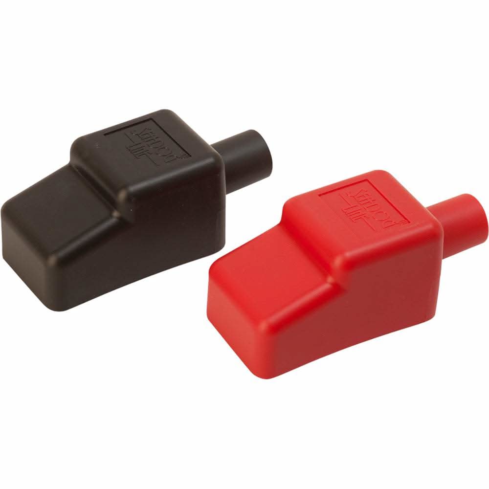 Red and black Sea-Dog 5/8 inch battery terminal covers for marine and automotive batteries