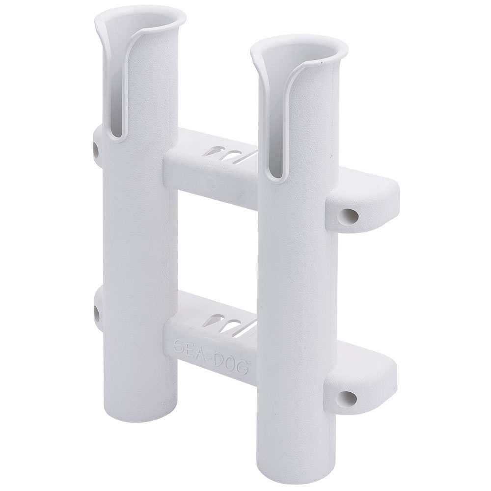 Sea-Dog Two Pole Side Mount Rod Storage Rack white UV stabilized polypropylene holder with built-in knife and lure holder.