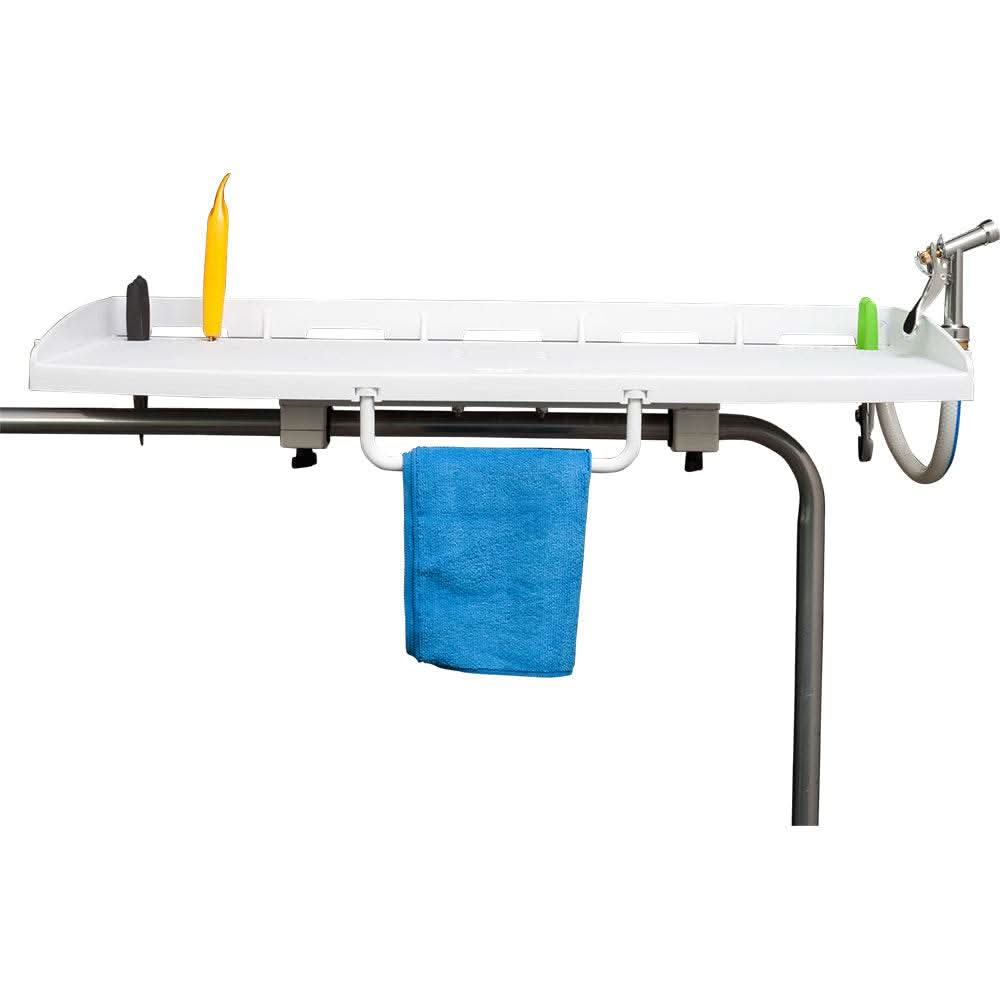 Sea-Dog 30" round tube rail mount fillet table with towel bar and tool holders attached to black tubing