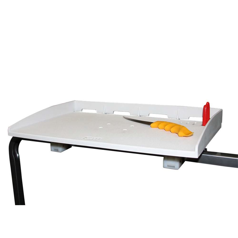 Sea-Dog Square Tube Rail Mount Fillet Table with knife and pliers holders, towel bar, and high-density polypropylene surface
