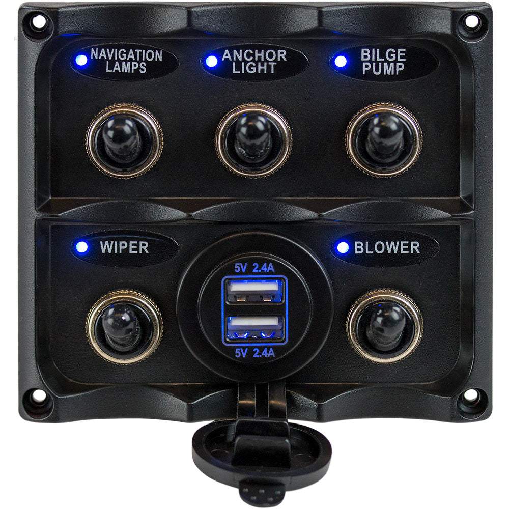 Sea-Dog water resistant toggle switch panel with 5 switches and USB power socket with blue LED indicators