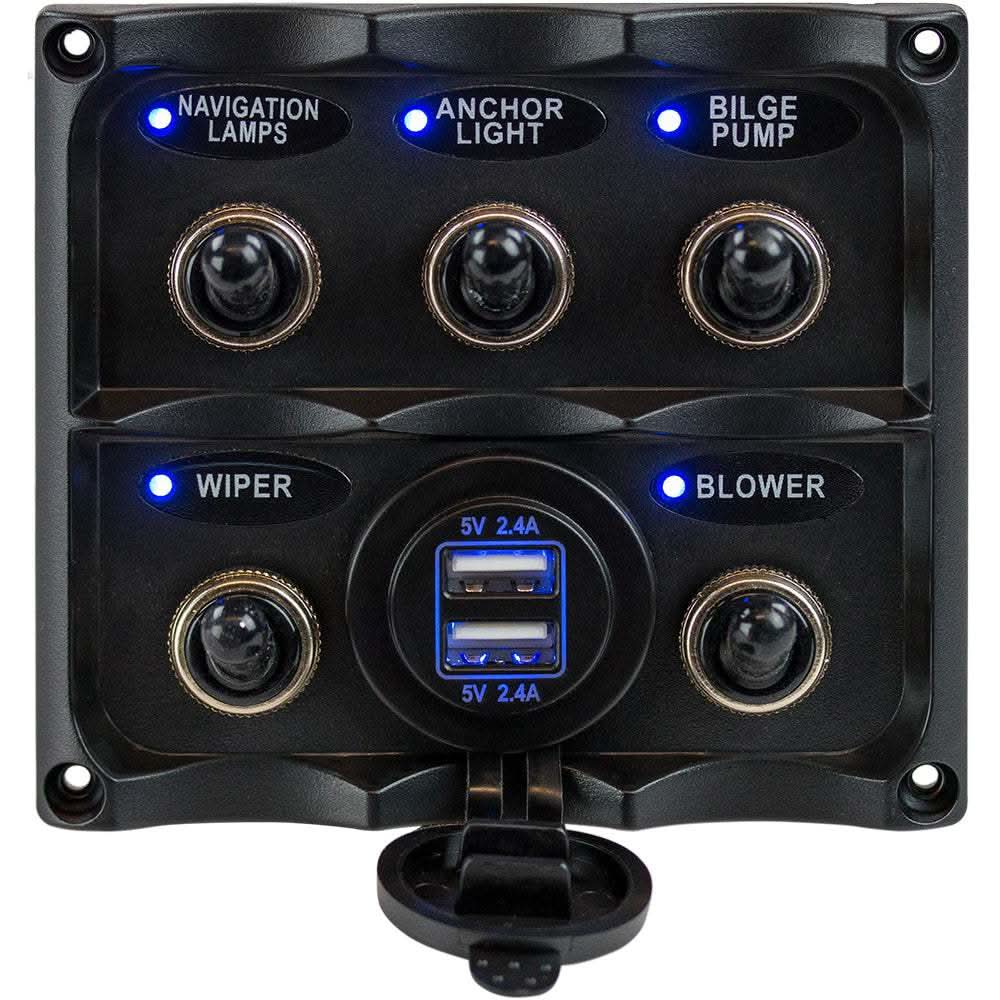 Sea-Dog water resistant toggle switch panel with 5 switches and USB power socket with blue LED indicators