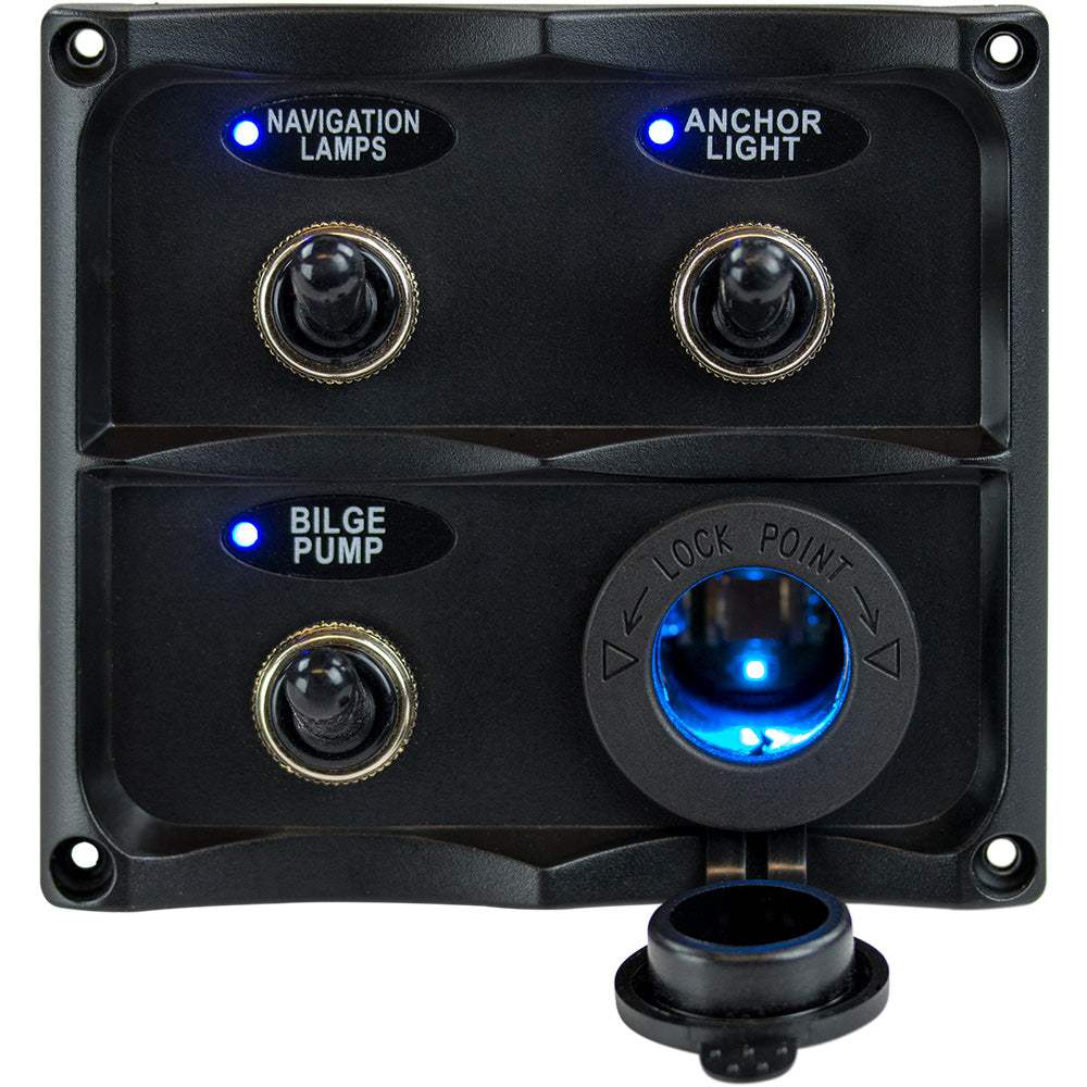 Sea-Dog water resistant toggle switch panel with three 12V LED switches and power socket