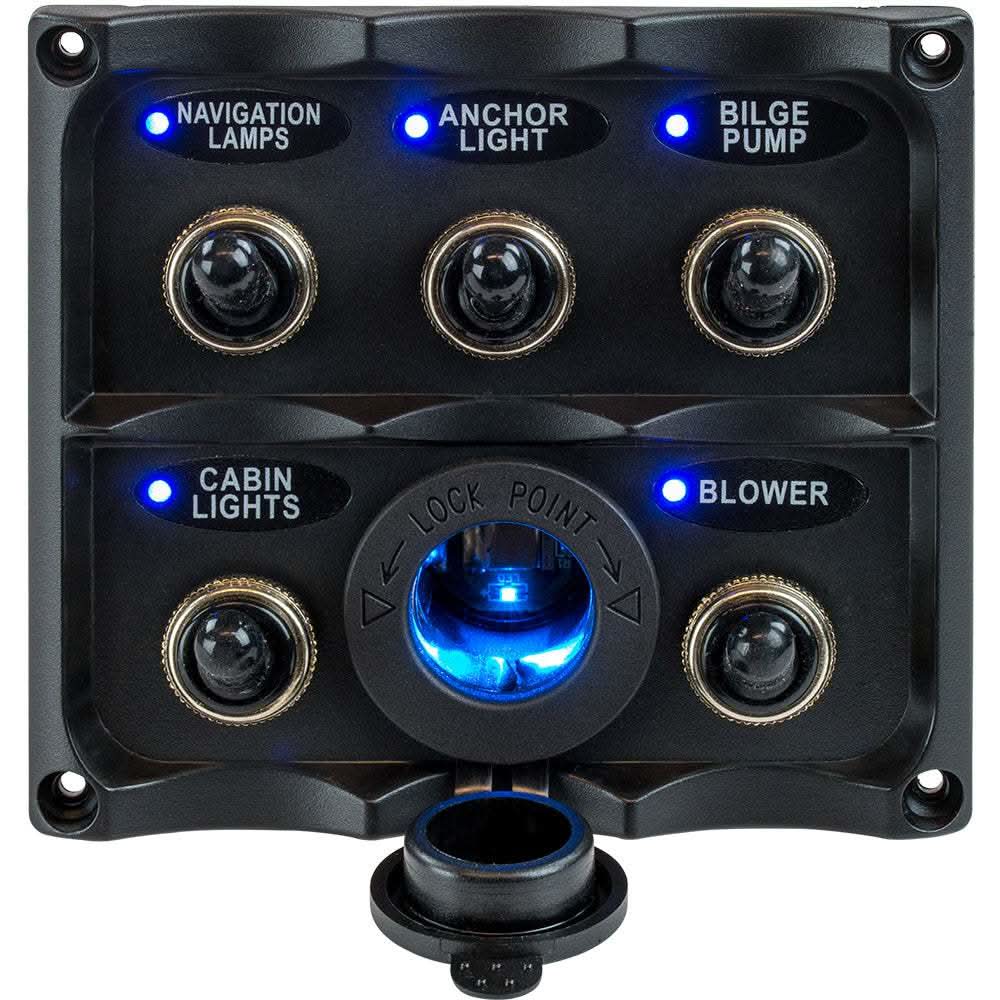 Water resistant toggle switch panel with 5 LED-lit toggles and power socket for marine use