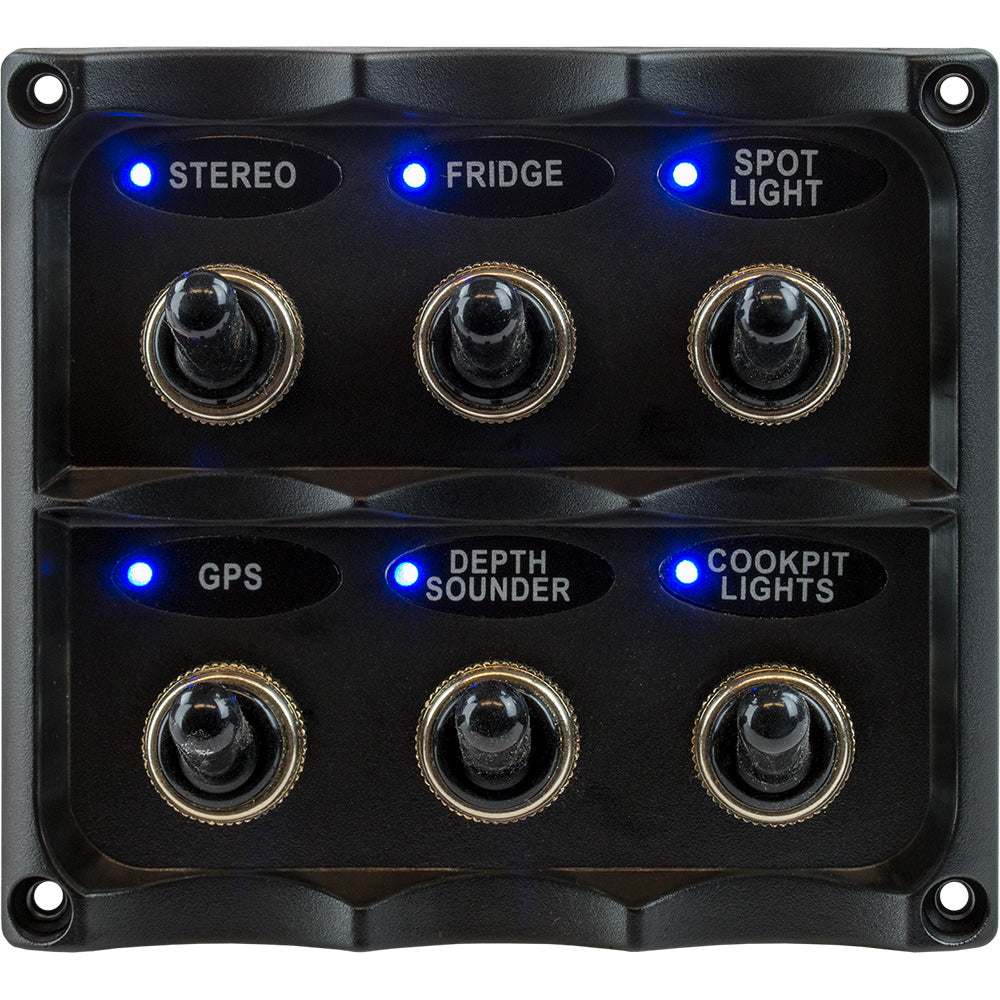 Sea-Dog water resistant toggle switch panel with six illuminated switches for marine use