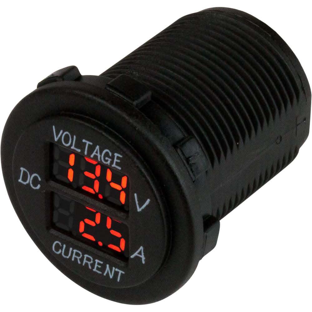 Sea-Dog round digital voltage and amp meter with red LED display, 6V-30V DC, 0-10 Amp range, compact nylon housing