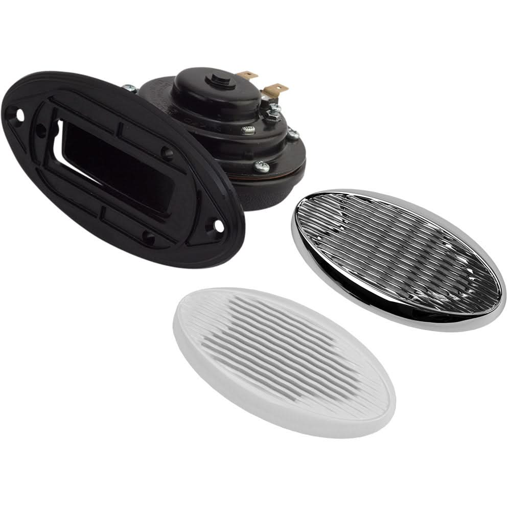 Sea-Dog Drop-In Hidden Horn V.1 with chrome and white grills, powder-coated steel and nylon, 12V boat horn compliant with US Coast Guard standards.