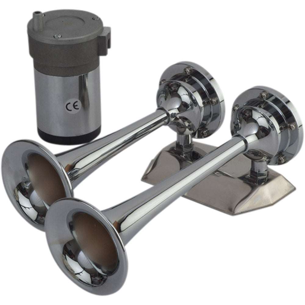 Sea-Dog MaxBlast chrome plated mini dual trumpet air horn with compressor and mounting hardware