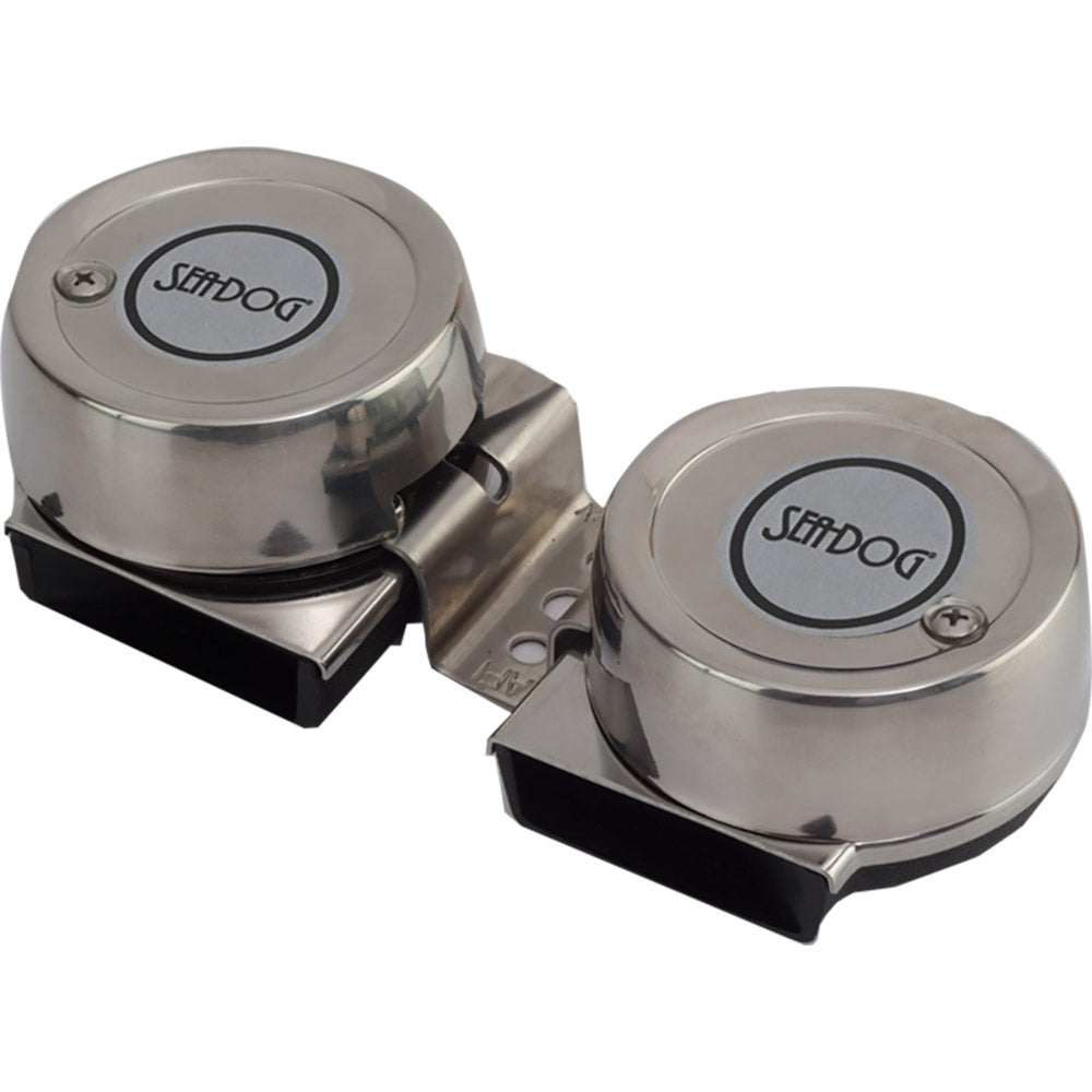 Sea-Dog Twin Mini stainless steel compact twin horn for marine use, 111dB, 12VDC, OEM replacement