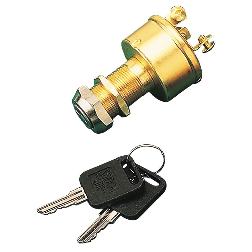 Sea-Dog Brass 3-Position Key Ignition Switch with two keys, brass construction, three screw terminals, for off, ignition, and start functions.