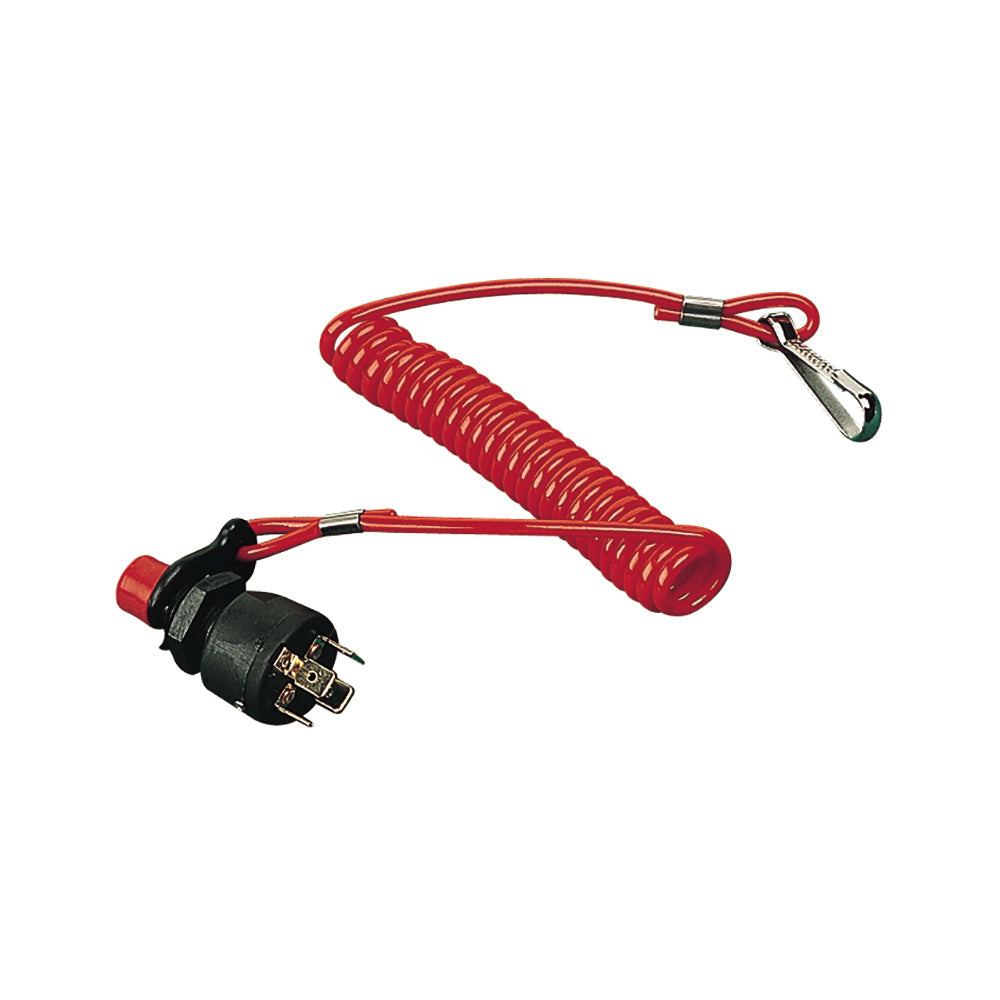 Sea-Dog Universal Safety Kill Switch with red coiled lanyard and black nylon housing for marine emergency cut-off