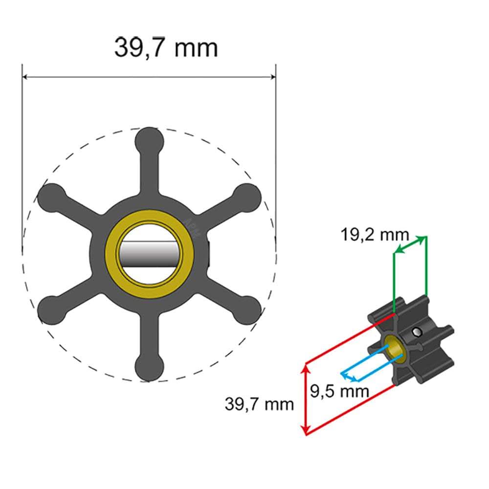 Albin Pump Premium Impeller Kit 39.7x9.5x19.2mm 6 blade diagram