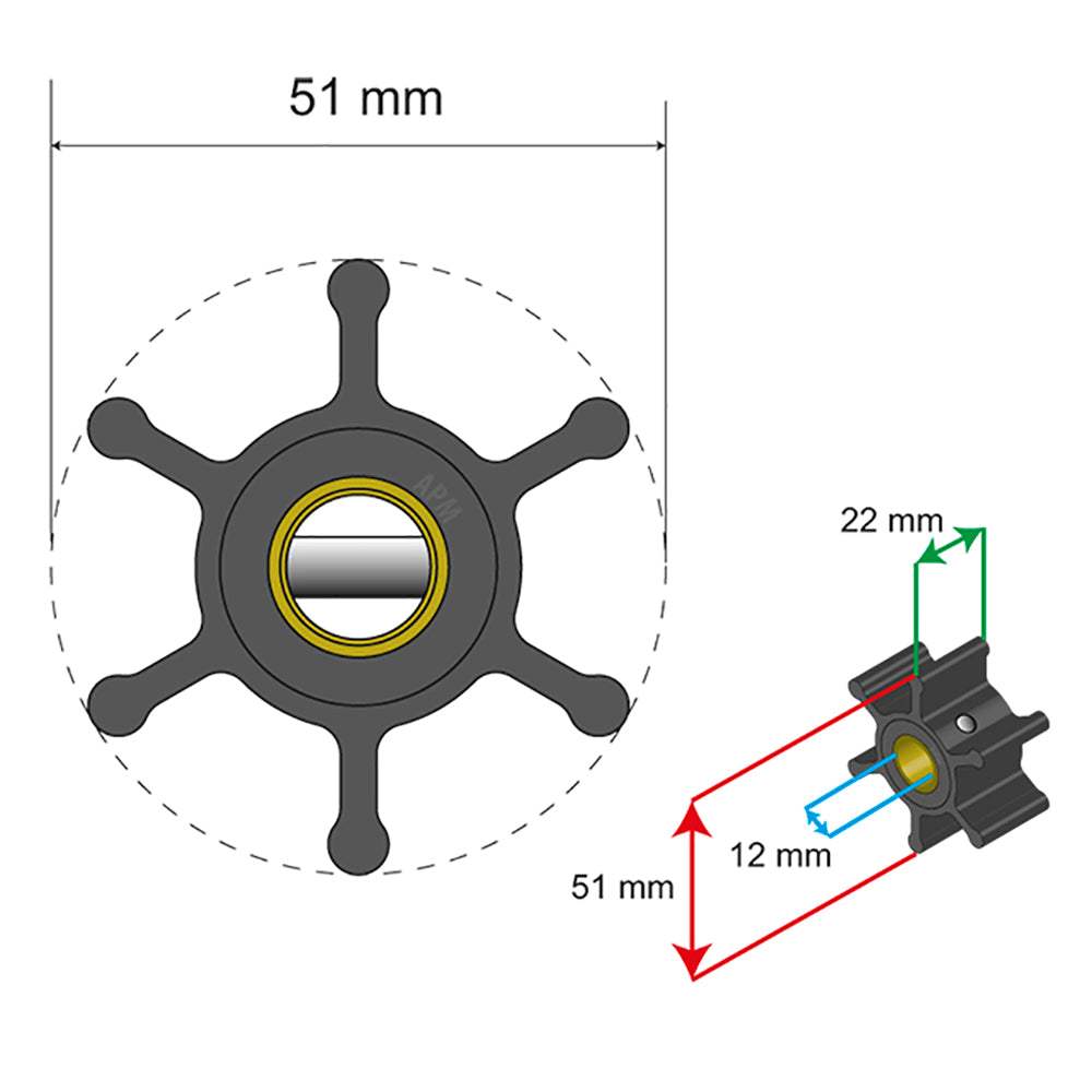 Albin Pump Premium Impeller Kit 51x22x12mm 6 blade pin insert diagram