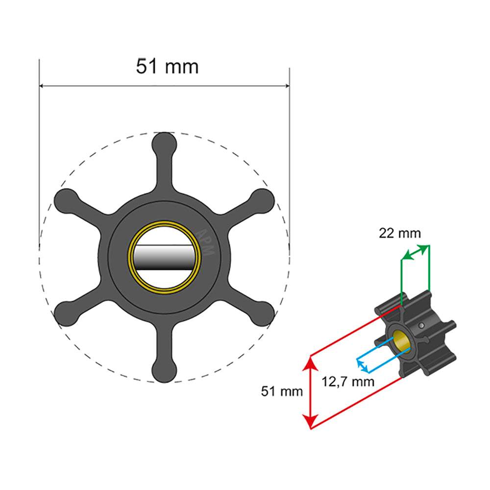 Albin Pump Premium Impeller Kit 51x22x12.7mm 6 Blade Pin Insert diagram