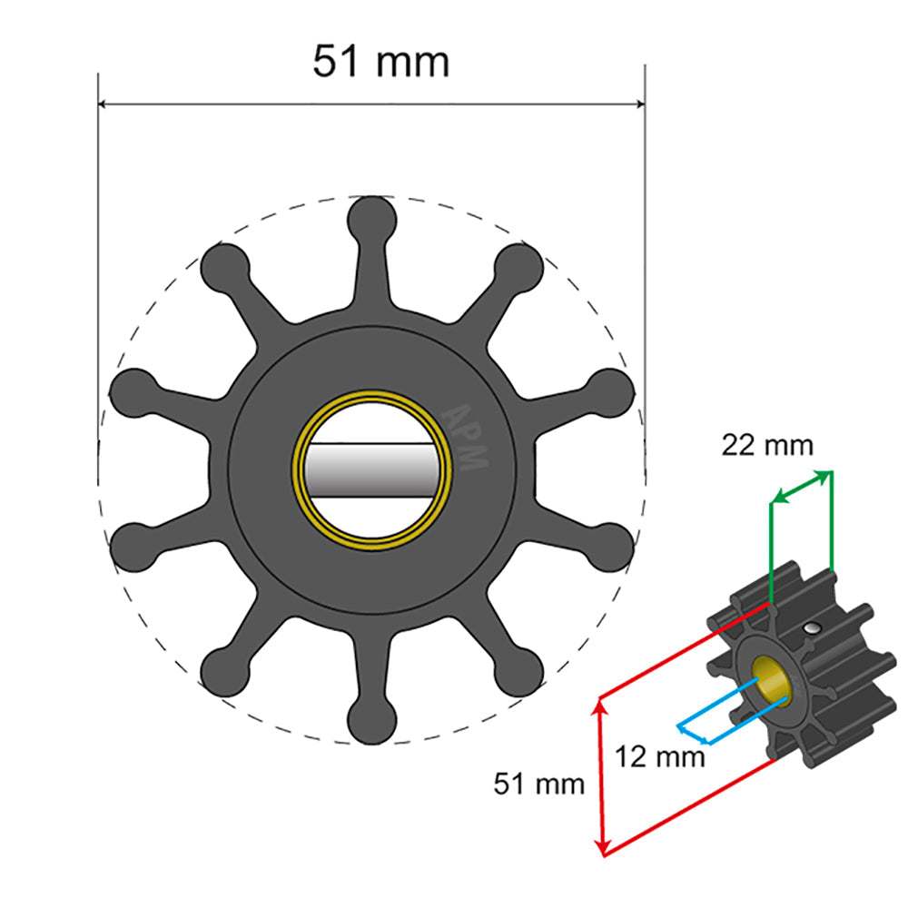 Albin Pump Premium Impeller Kit 51x12.7x22mm 10 blade pin insert diagram