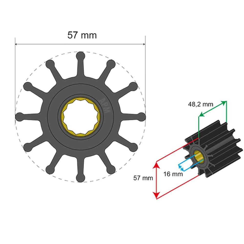 Albin Pump premium impeller kit 57x16x48.2mm 12 blade spline insert diagram
