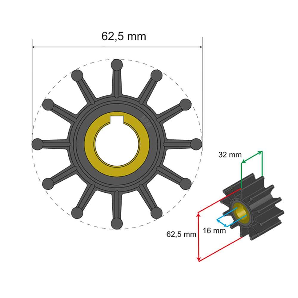 Albin Pump premium 12-blade impeller kit 62.5x16x32mm with key insert