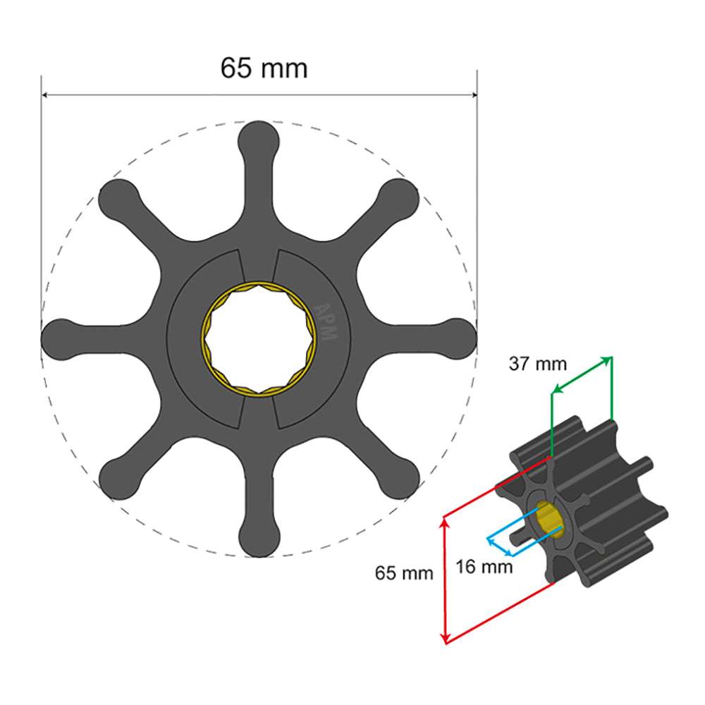 Albin Pump Premium Impeller Kit 65x16x37mm 8 blade spline insert diagram